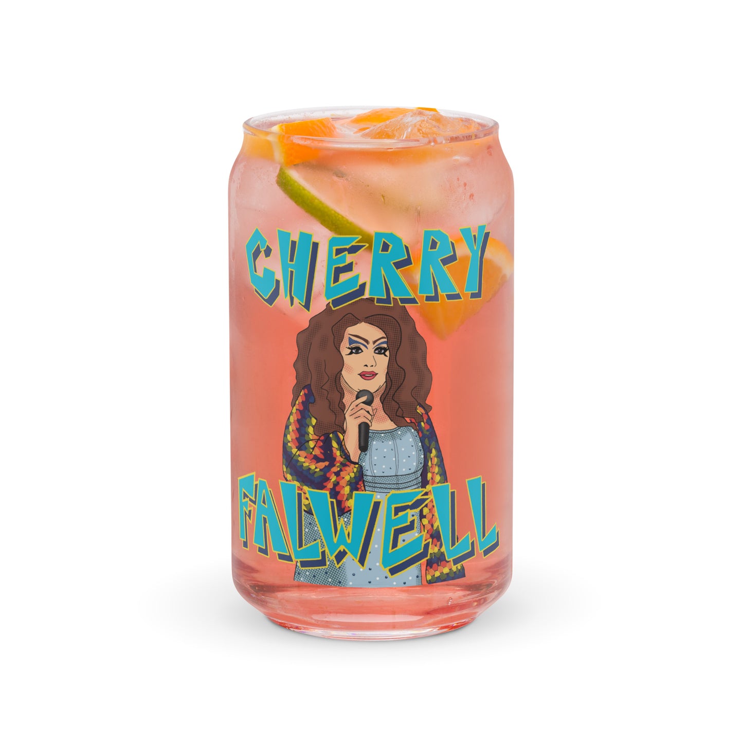 Glass with a colorful design of drag queen and text 'Cherry Falwell' on a white background