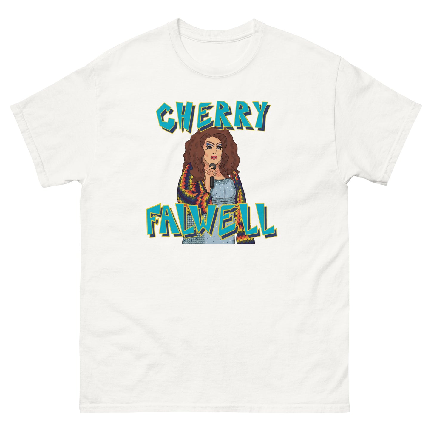 White t-shirt with a graphic of a woman and 'Cherry Falwell' text on a white background