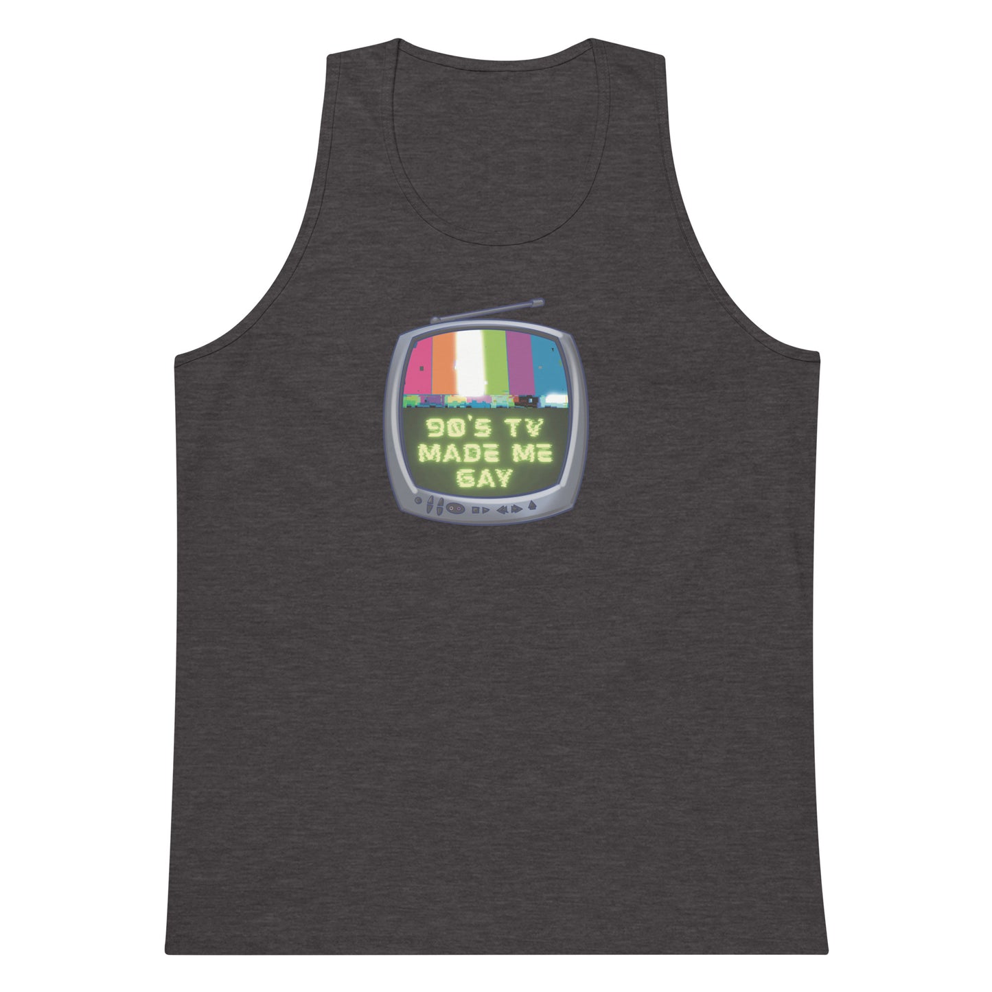 CRTV with the text 90s TV Made Me Gay tank top