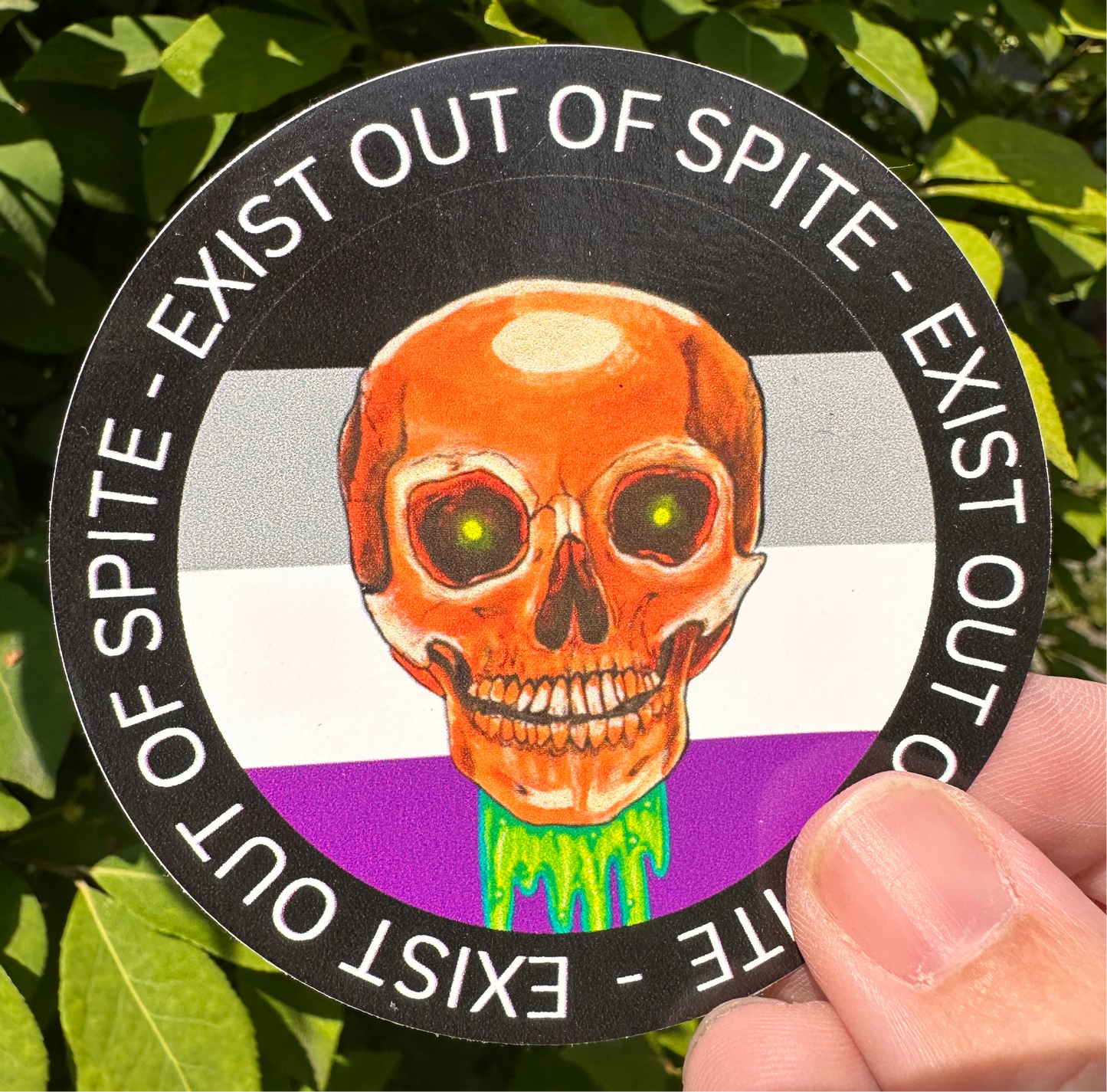 Round sticker with a skull over an asexual pride flag encircled by the text exist out of spite