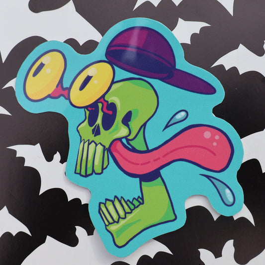 Bug Eyed green skull with backwards cap sticker