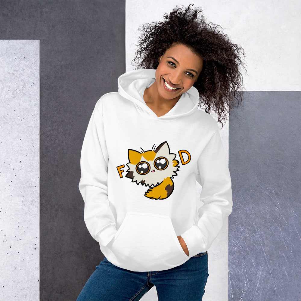 Woman wearing a white hoodie with a cat graphic and text, standing against a gray and white background.