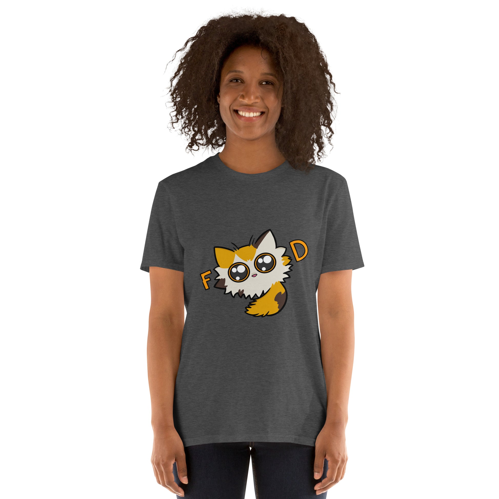 Person wearing a dark gray t-shirt with a cartoon character and 'Food’ on a white background