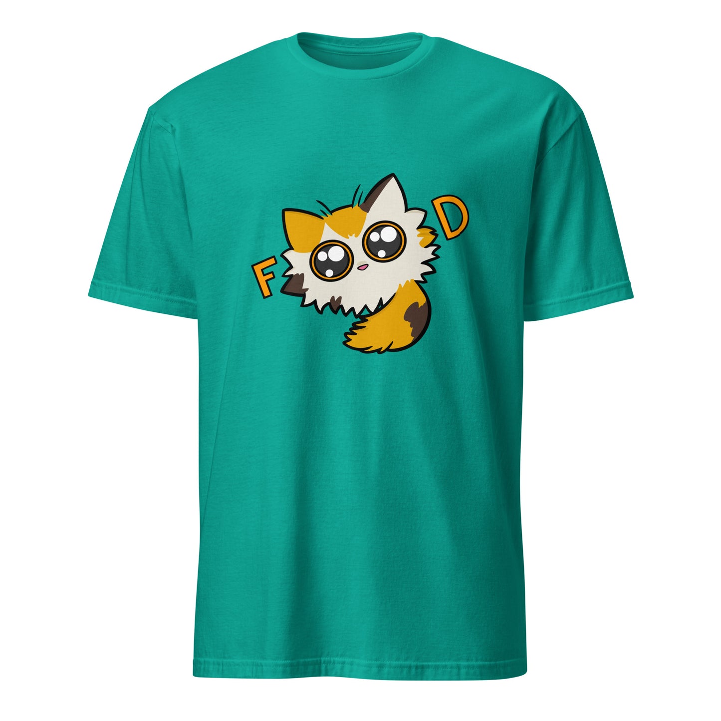Teal t-shirt with a cartoon cat design on a white background