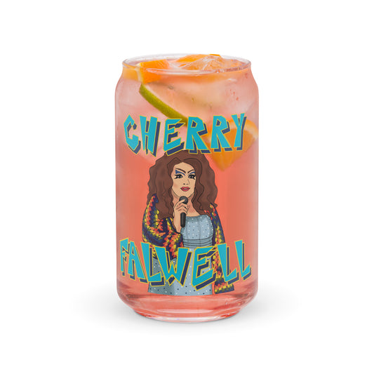 Glass with a colorful design of drag queen and text 'Cherry Falwell' on a white background