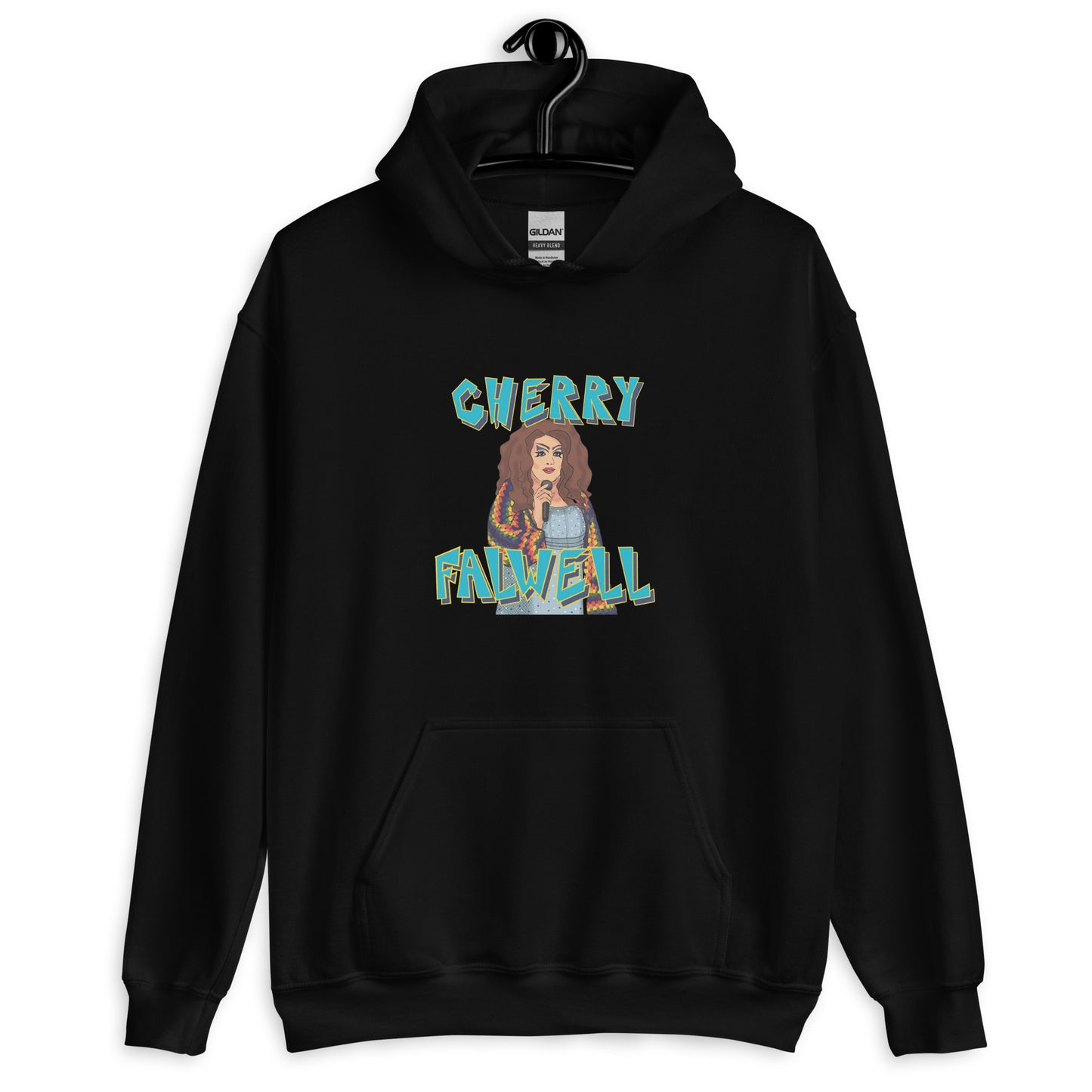 Black hoodie with a graphic design of a drag queen with ‘Cherry Falwell’ text on a white background
