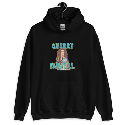 Black hoodie with a graphic design of a drag queen with ‘Cherry Falwell’ text on a white background