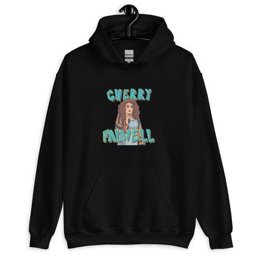 Black hoodie with a graphic design of a drag queen with ‘Cherry Falwell’ text on a white background