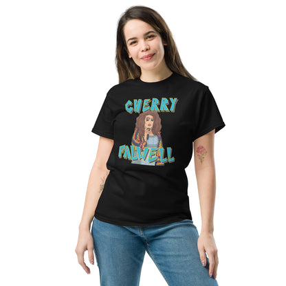 Woman wearing a black t-shirt with colorful graphic design of a drag queen with text ‘cherry falwell’ on a white background