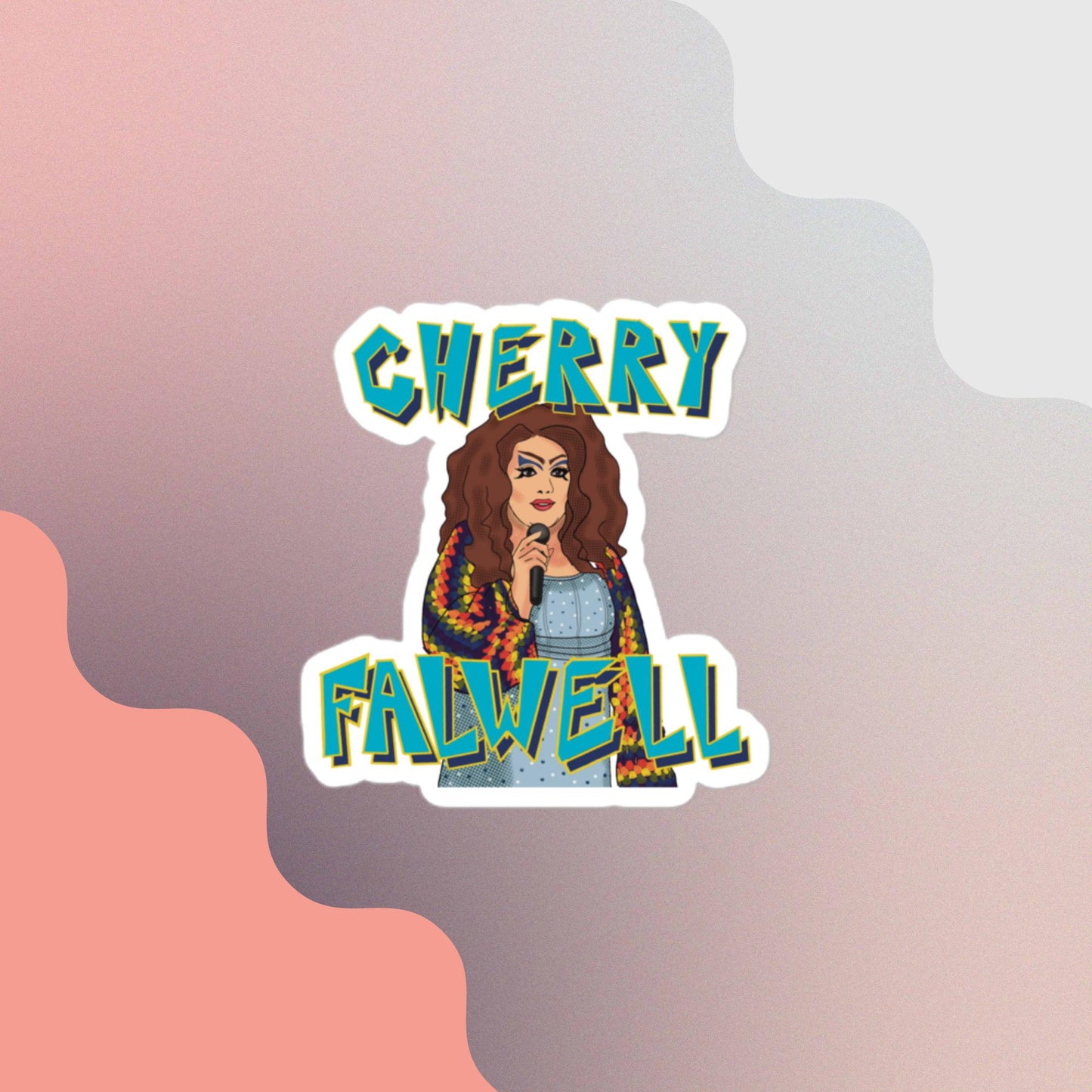 Sticker with a person in a tie-dye jacket and 'Cherry Falwell' text on a gradient background