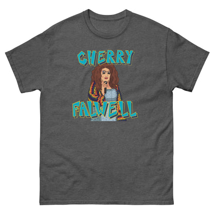 Dark gray t-shirt with a graphic of a woman and 'Cherry Faulwell' text on a white background
