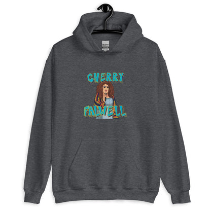 Dark heather hoodie with graphic design of a drag queen and ‘cherry falwell’ text on a white background