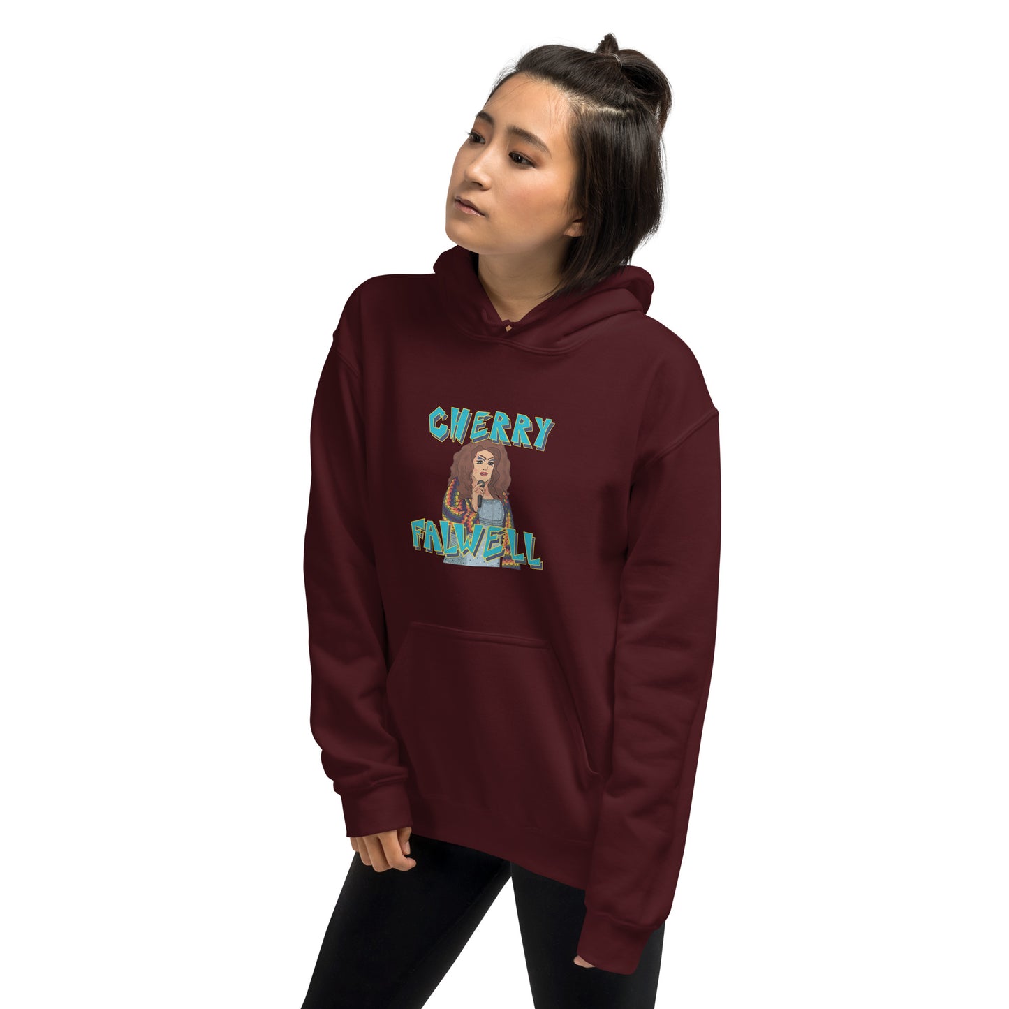 Person wearing a maroon hoodie with graphic design of a drag queen with text ‘cherry falwell’ on a white background