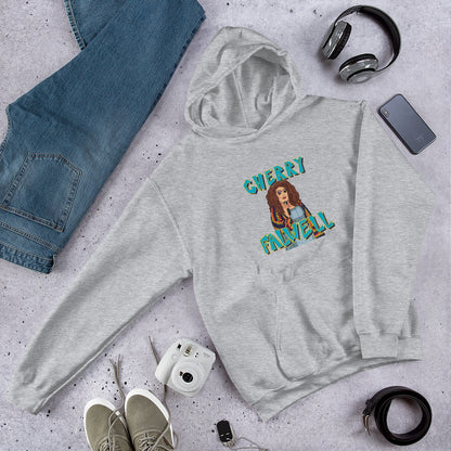 Gray hoodie with 'Cherry Maxwell' graphic on a gray surface with jeans, phone, and shoes.