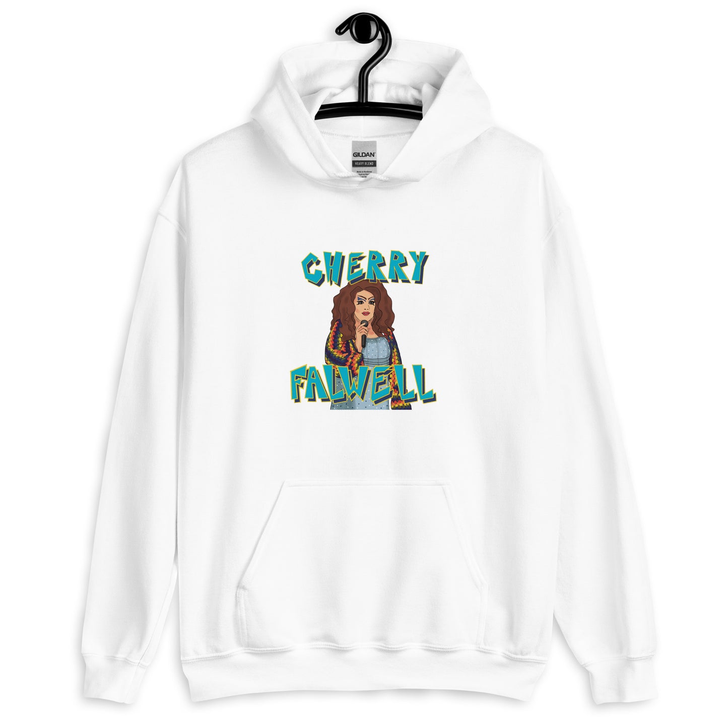 Maroon hoodie with graphic design of a drag queen and ‘cherry falwell’ text on a white background
