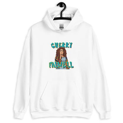 Maroon hoodie with graphic design of a drag queen and ‘cherry falwell’ text on a white background
