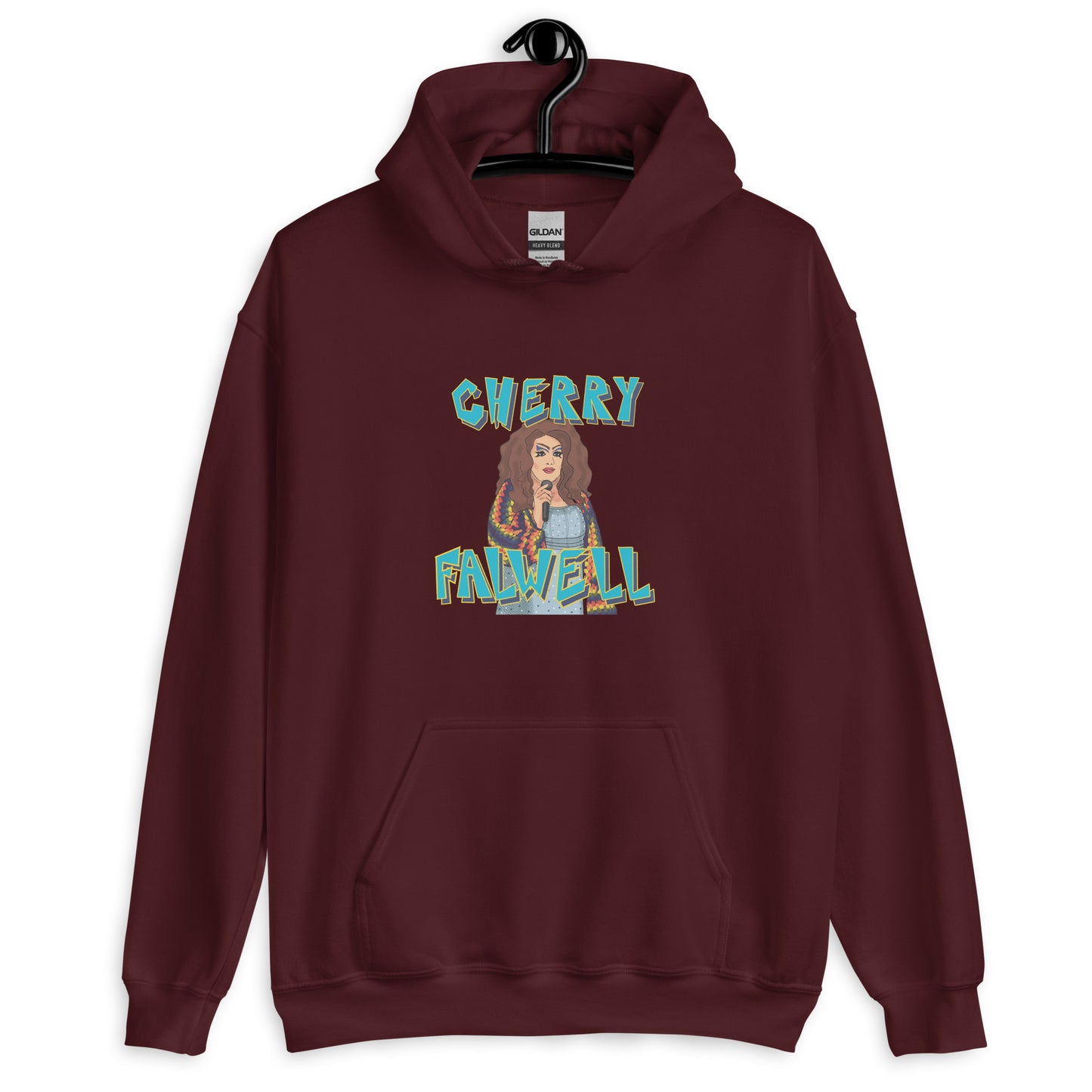 Maroon hoodie with graphic design of a drag queen and ‘cherry falwell’ text on a white background