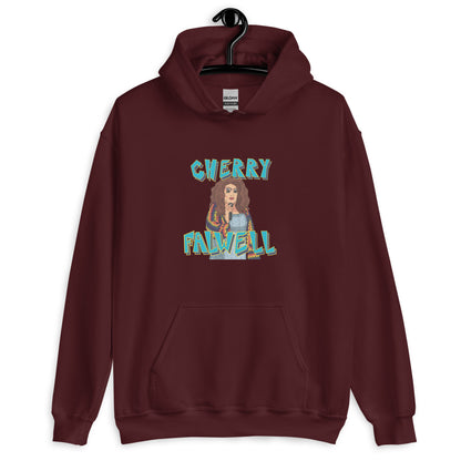 Maroon hoodie with graphic design of a drag queen and ‘cherry falwell’ text on a white background