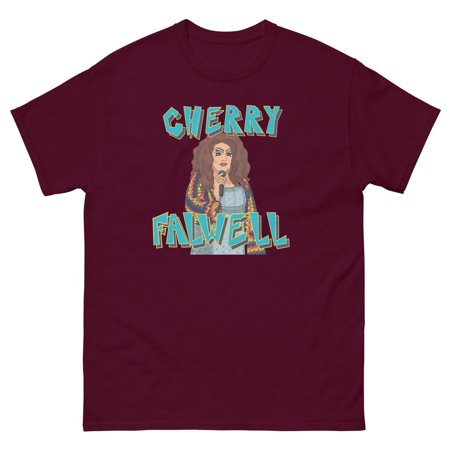 Maroon t-shirt with 'Cherry Falwell' graphic design with an image of a drag queen on a white background
