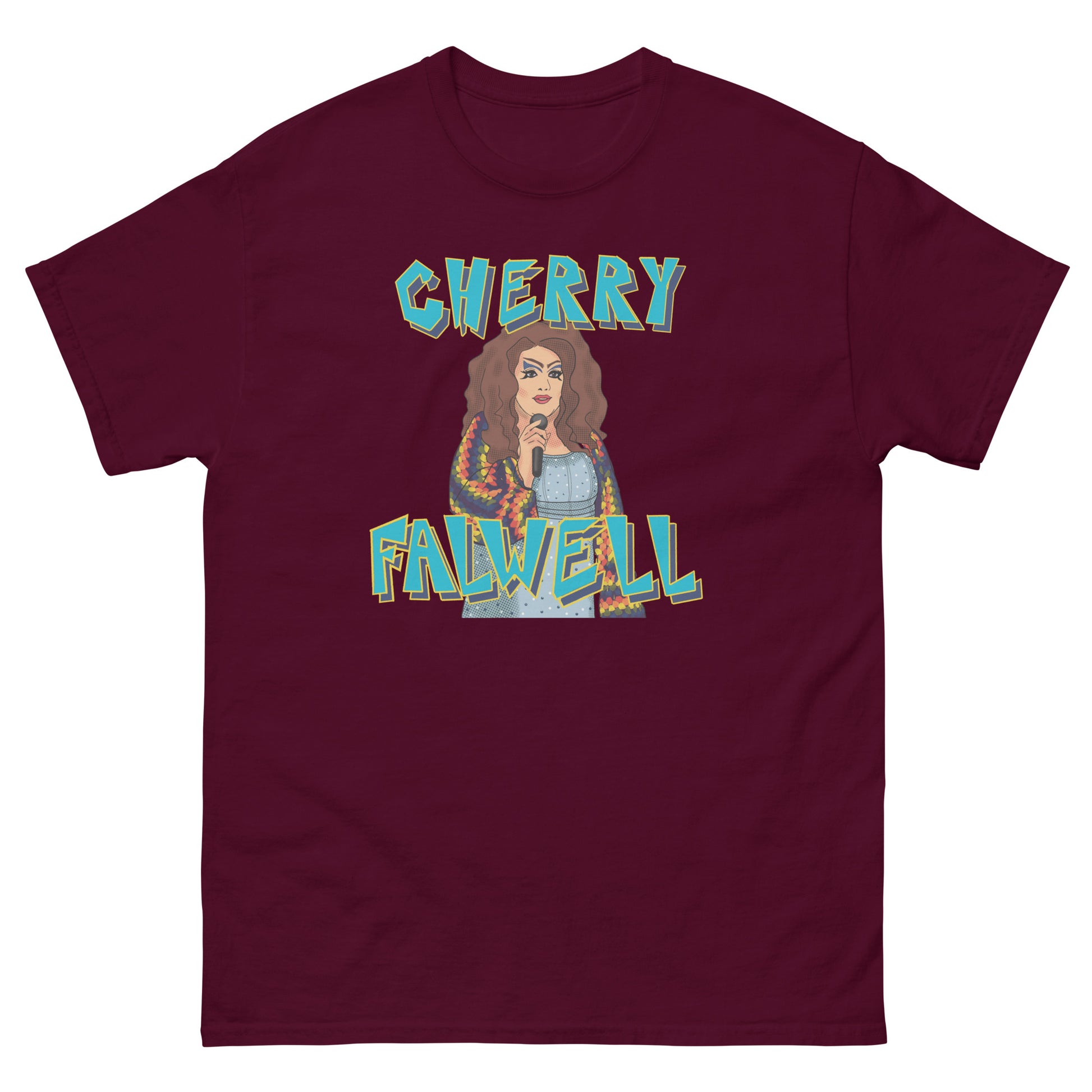 Maroon t-shirt with 'Cherry Falwell' graphic design with an image of a drag queen on a white background