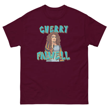 Maroon t-shirt with 'Cherry Falwell' graphic design with an image of a drag queen on a white background