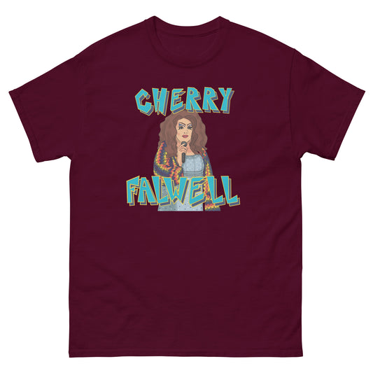 Maroon t-shirt with 'Cherry Falwell' graphic design with an image of a drag queen on a white background