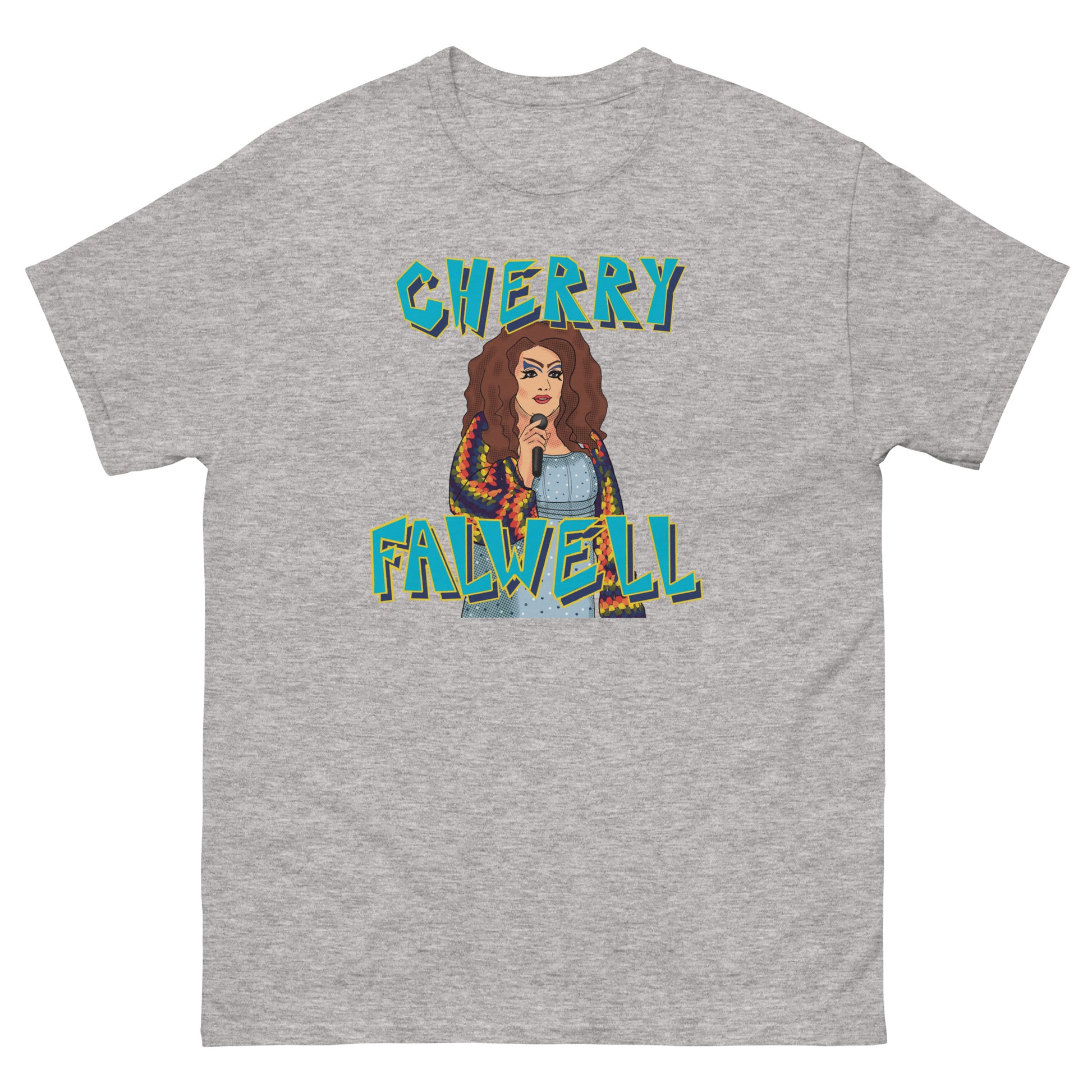 Gray t-shirt with a graphic of a drag queen and 'Cherry Falwell' text on a white background