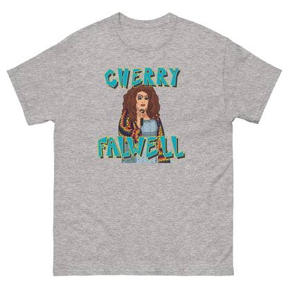Gray t-shirt with a graphic of a drag queen and 'Cherry Falwell' text on a white background