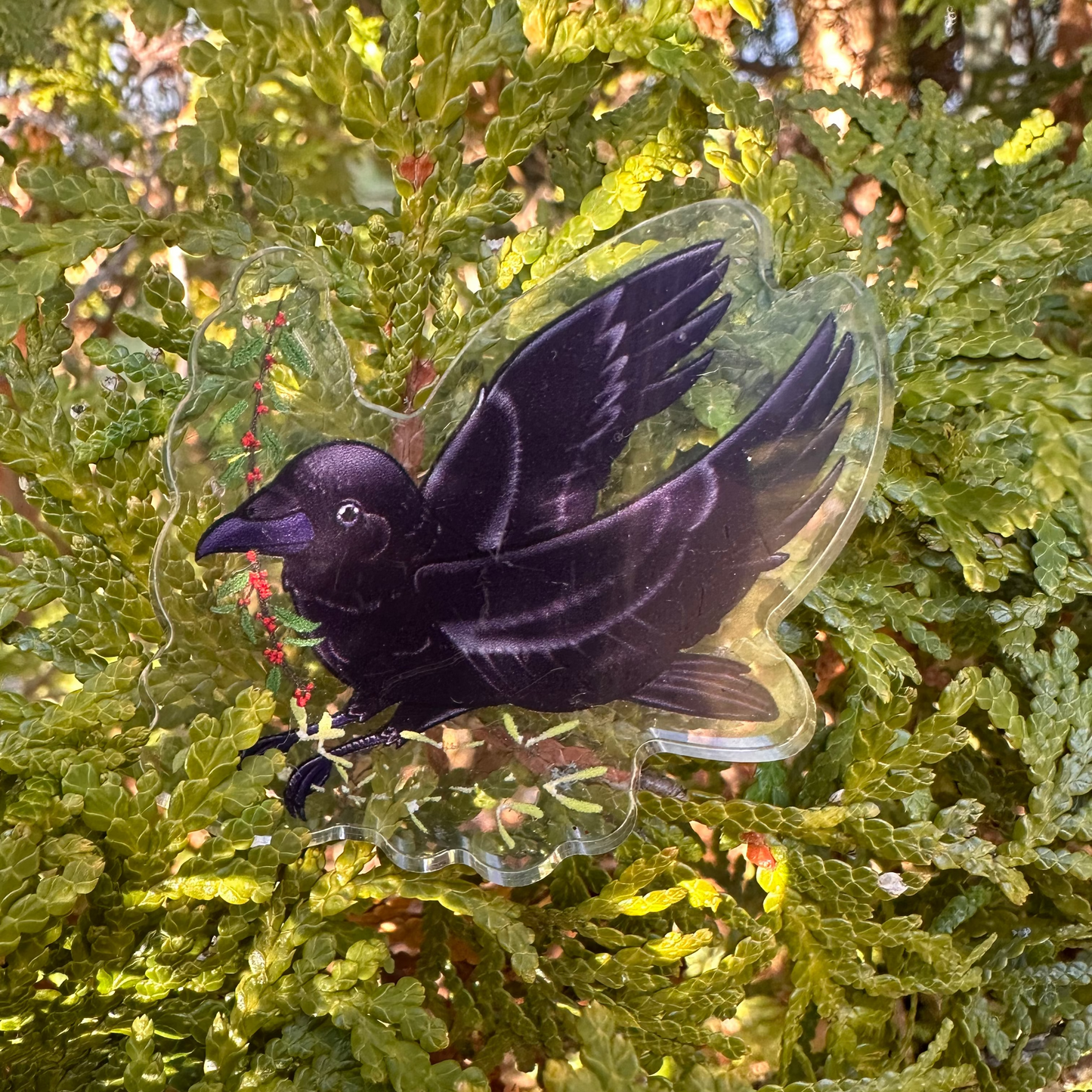 A black and clear acrylic pin shaped like a crow, holding a sprig of red berries, affixed to a green leafy surface.