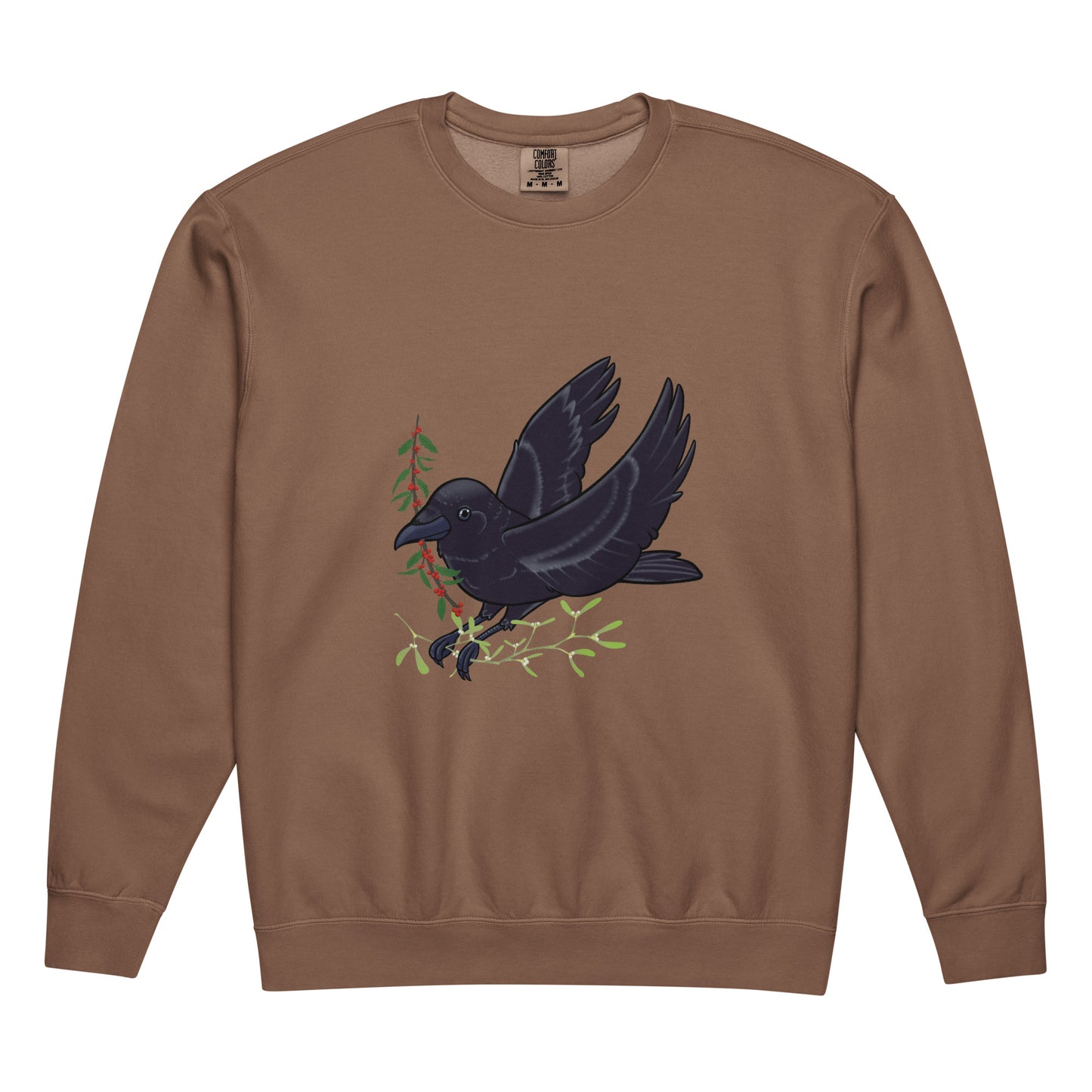 Brown sweatshirt with a black crow design on a white background