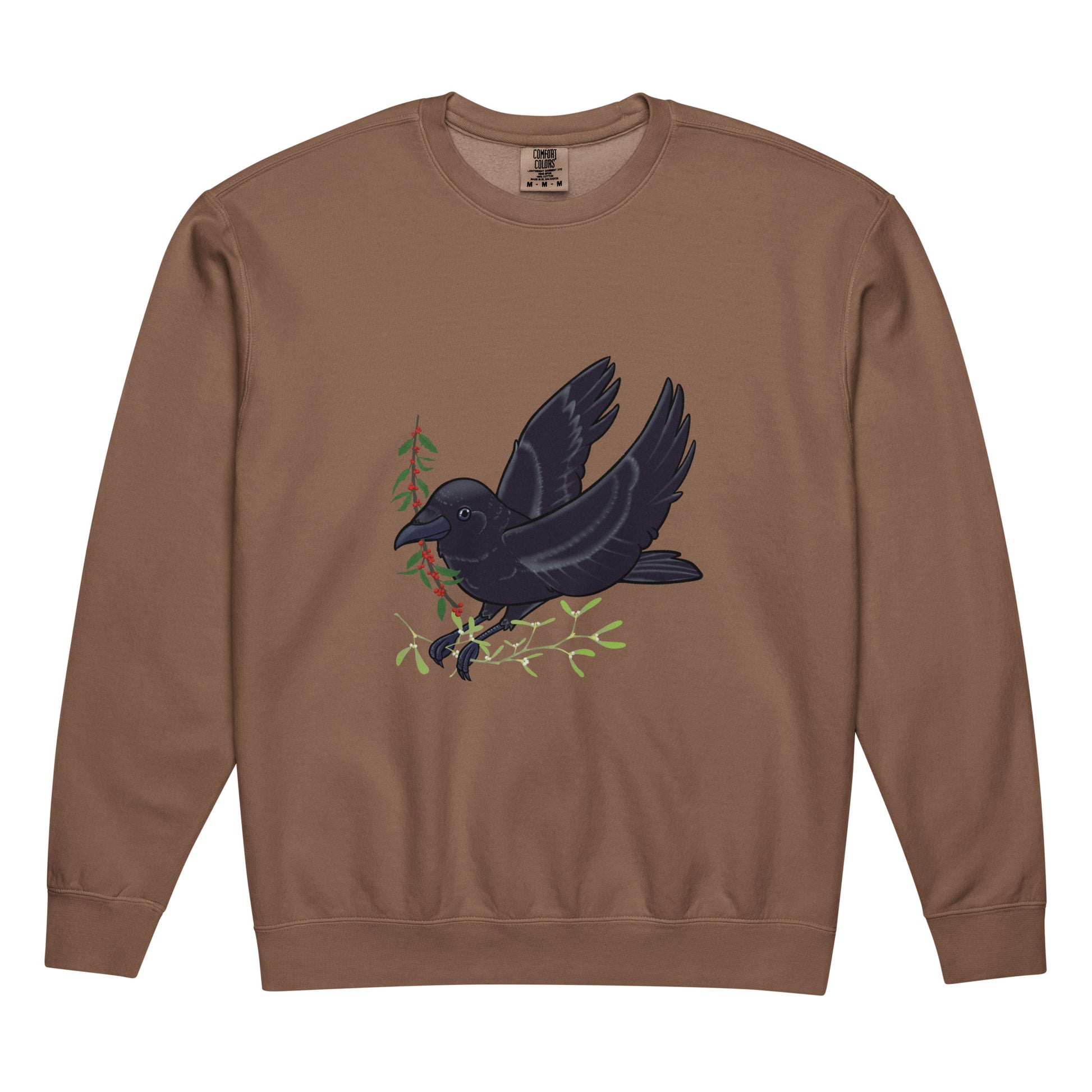 Brown sweatshirt with a black crow design on a white background