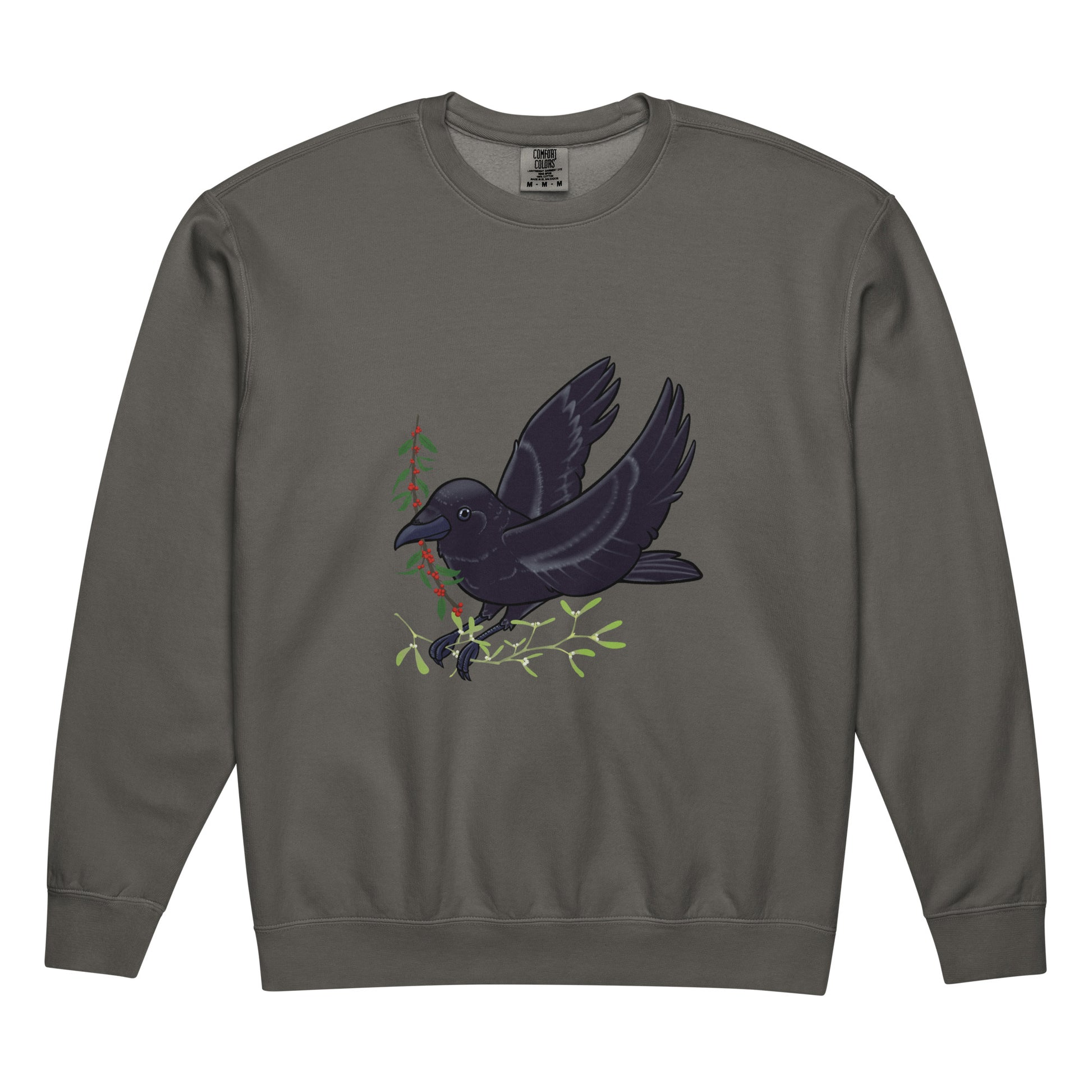 Gray sweatshirt with a black crow design on a white background
