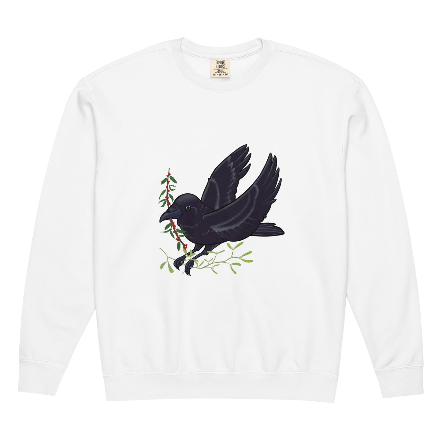 White long-sleeve shirt with a black crow design on a white background