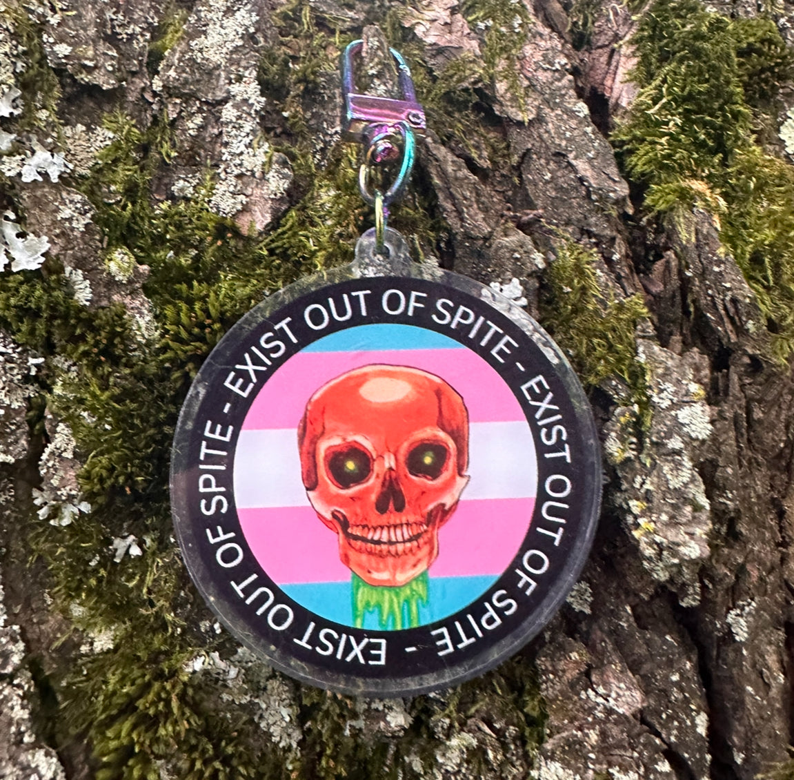 Round badge with a skull design over the transgender flag and the text Exist Out Spite hanging on a tree