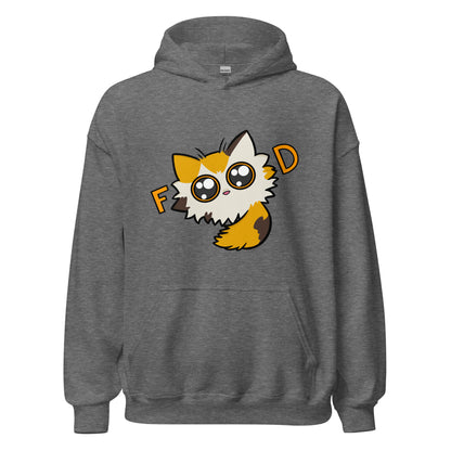 Gray hoodie with a cartoon cat design on a white background