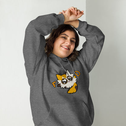 Person wearing a gray hoodie with a cartoon cat character on a plain background