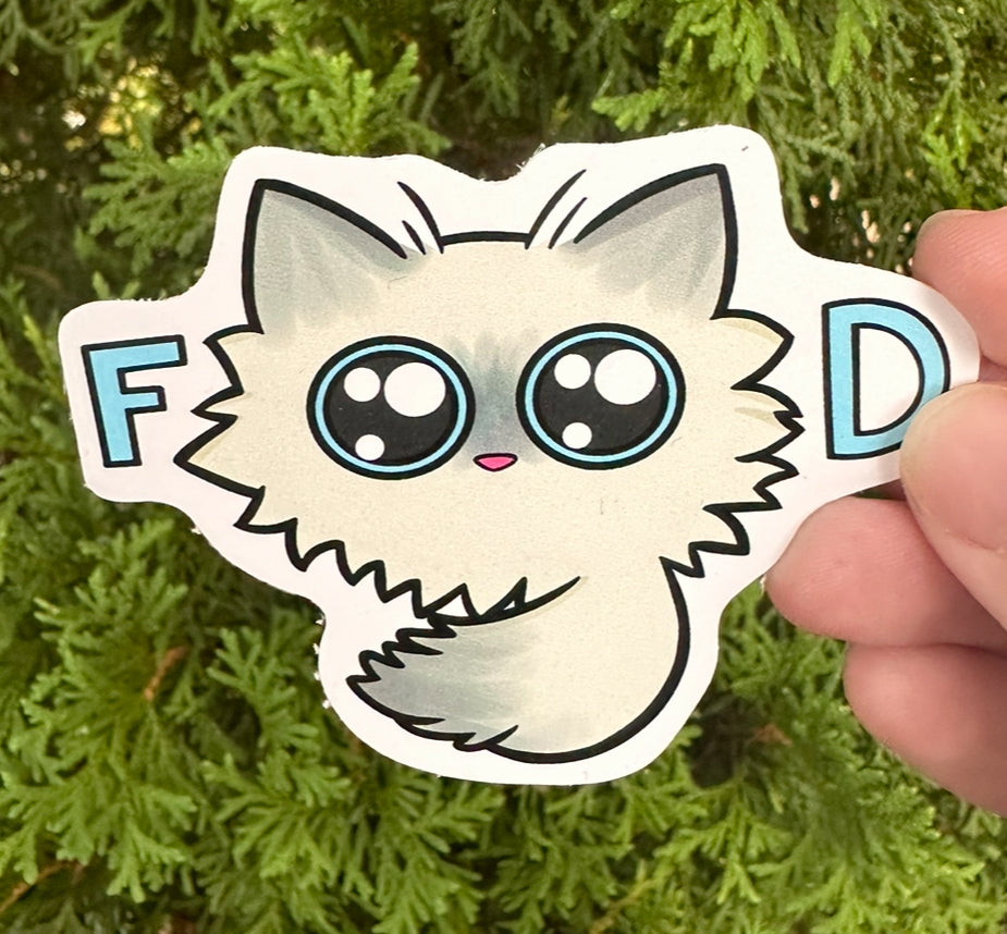 Cartoon persian cat sticker with “food” spelled with the eyes