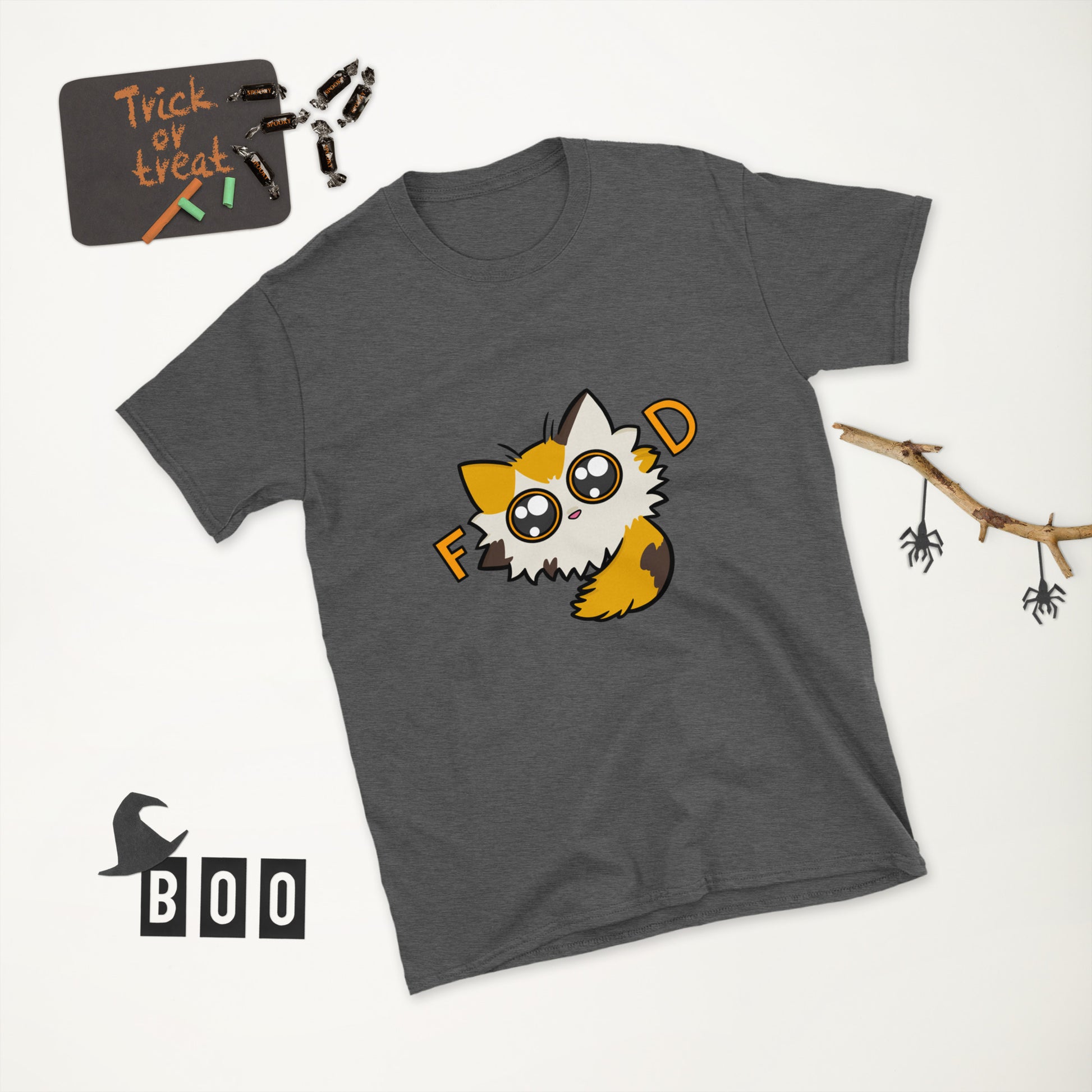 Gray t-shirt with a cartoon cat design text on a white background