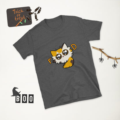 Gray t-shirt with a cartoon cat design text on a white background