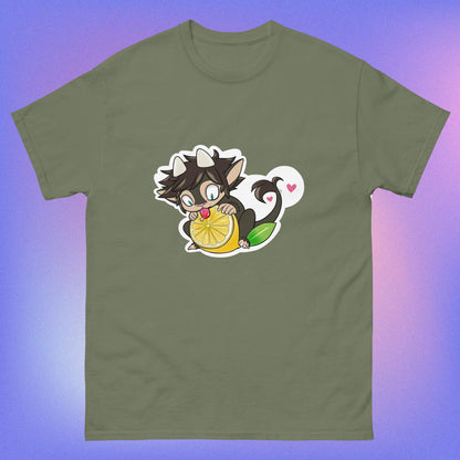 A green unisex classic tee with a graphic of a cartoon character holding a lemon, with a heart in the background.