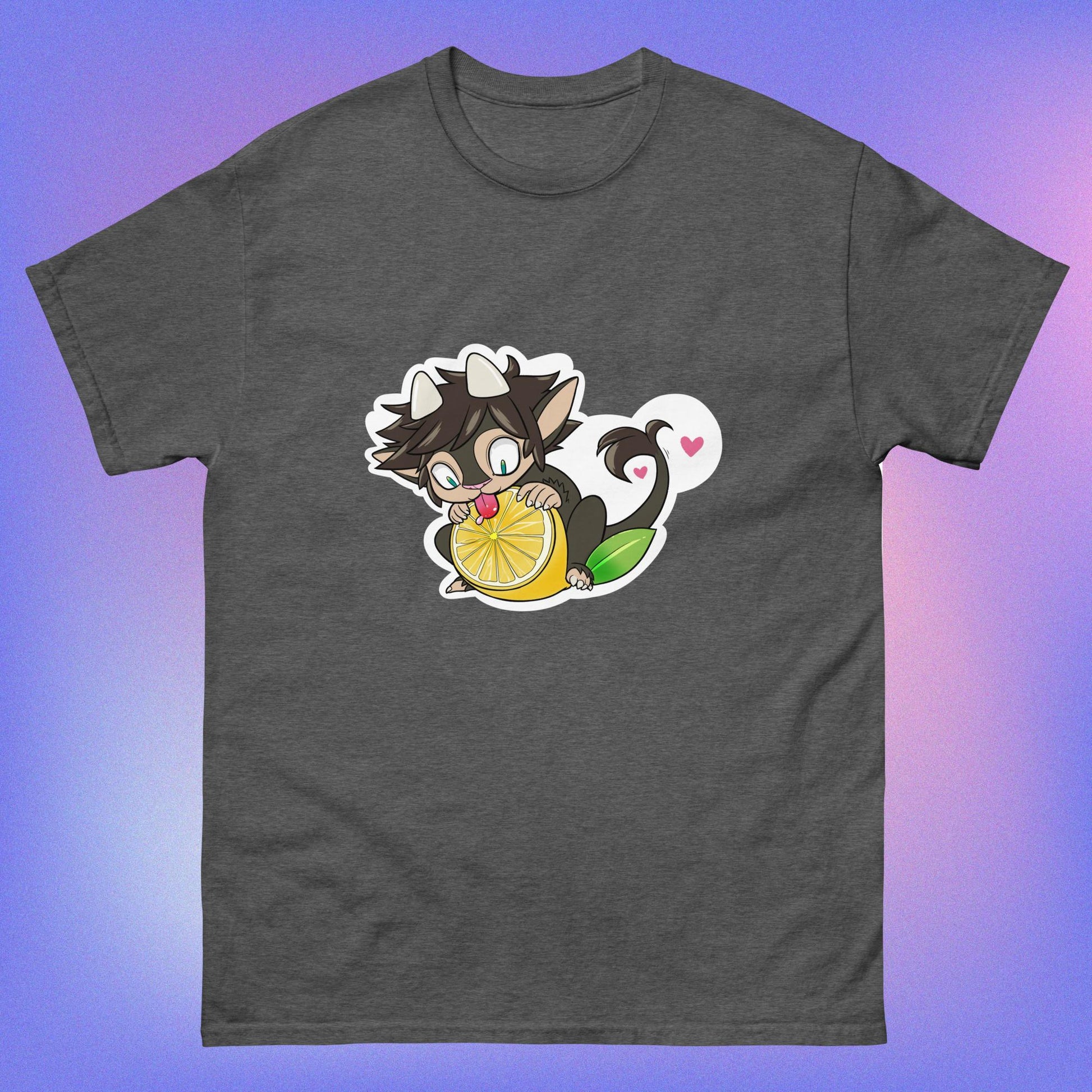 A green unisex classic tee with a graphic of a cartoon character holding a lemon, with a heart in the background.