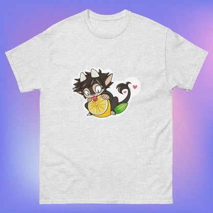 An ash unisex classic tee with a graphic of a cartoon character holding a lemon, with a heart in the background.