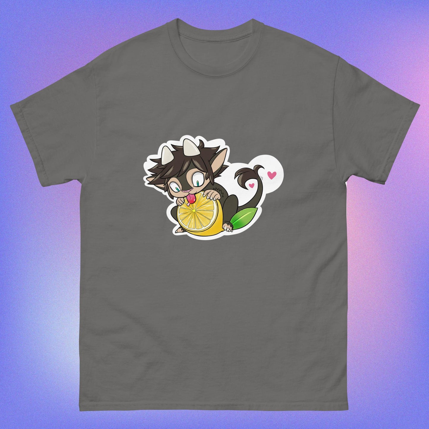 A charcoal unisex classic tee with a graphic of a cartoon character holding a lemon, with a heart in the background.
