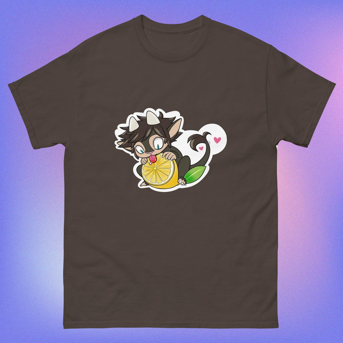 A chocolate color unisex classic tee with a graphic of a cartoon character holding a lemon, with a heart in the background.