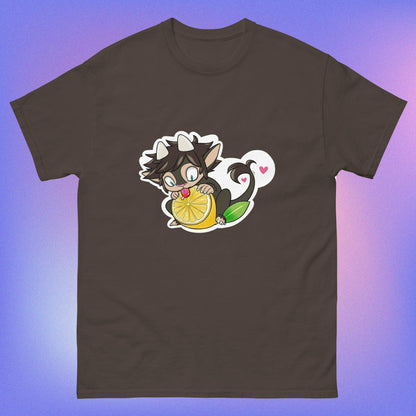 A chocolate color unisex classic tee with a graphic of a cartoon character holding a lemon, with a heart in the background.