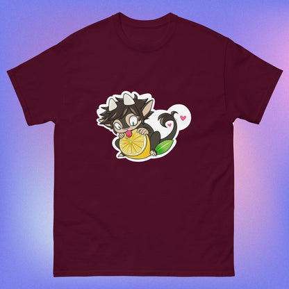 A maroon unisex classic tee with a graphic of a cartoon character holding a lemon, with a heart in the background.