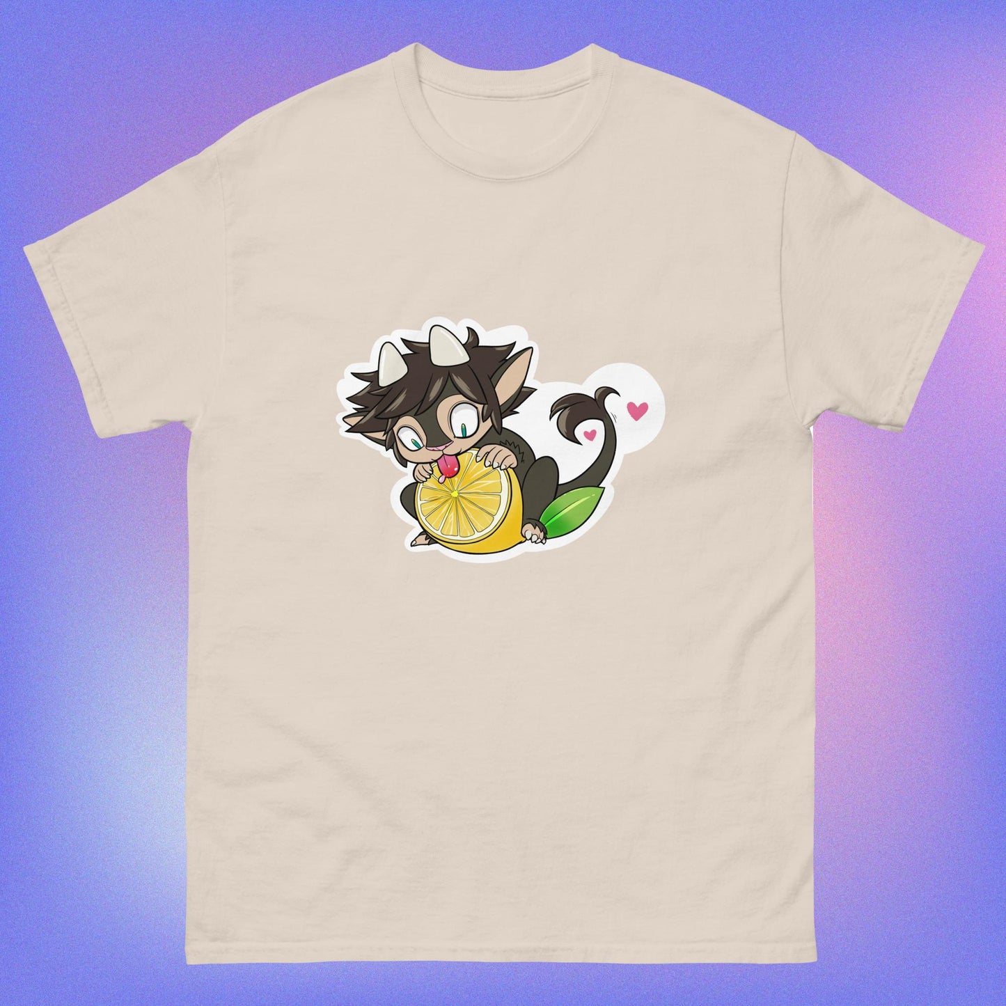 A beige unisex classic tee with a graphic of a cartoon character holding a lemon, with a heart in the background.