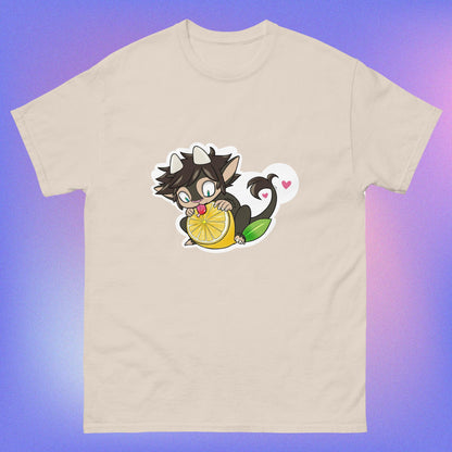 A beige unisex classic tee with a graphic of a cartoon character holding a lemon, with a heart in the background.