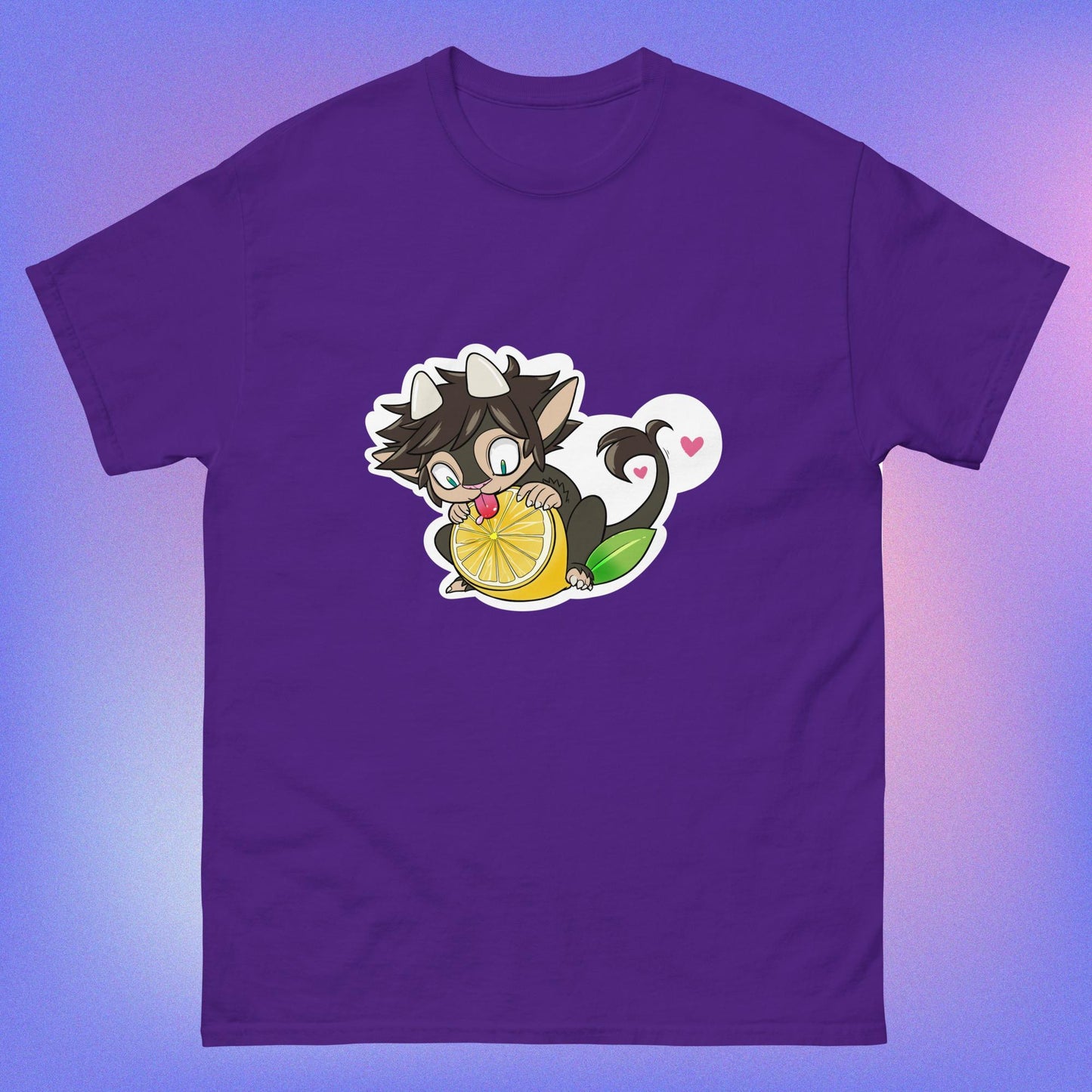 A purple unisex classic tee with a graphic of a cartoon character holding a lemon, with a heart in the background.