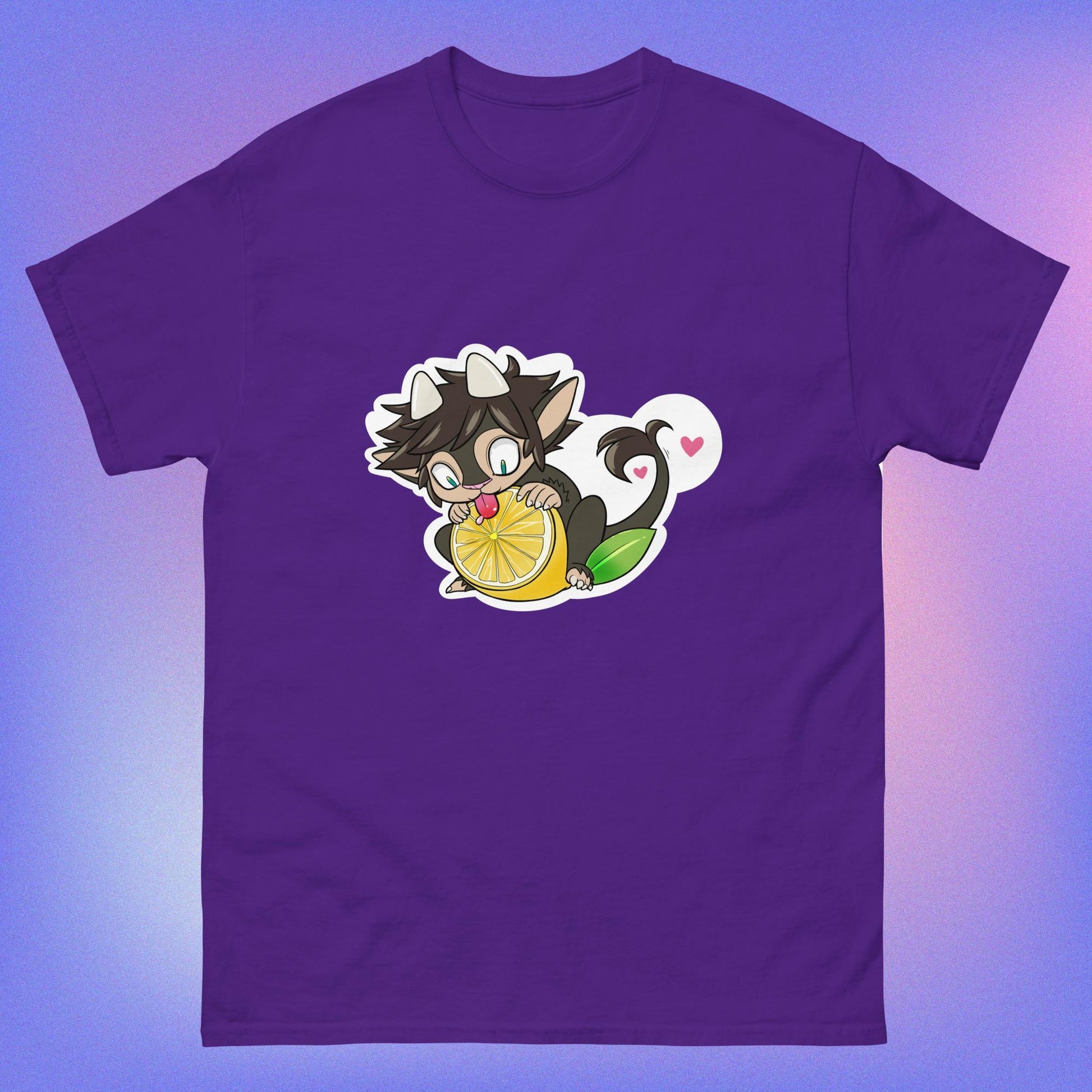 A purple unisex classic tee with a graphic of a cartoon character holding a lemon, with a heart in the background.